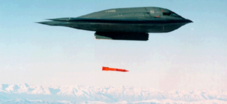 A B-2 bomber releasing a B61-11 JTA in a previous legacy flight test.