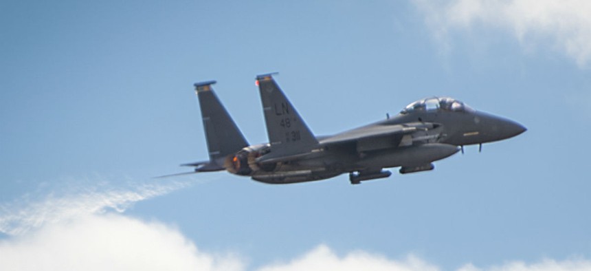 An F-15E Strike Eagle takes off from Los Llanos Air Base, Spain. 