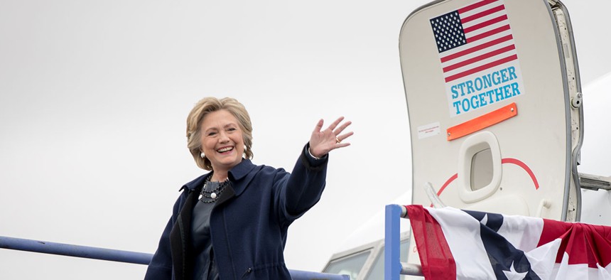 Clinton arrives at Pueblo Memorial Airport in Colorado Wednesday.