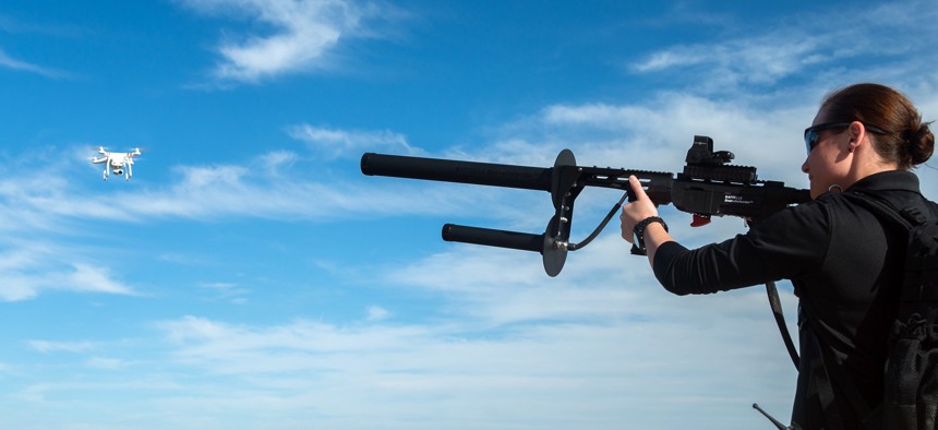 The DroneDefender from Battelle can interrupt a drone's control link at 400 meters.