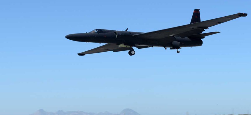 A U-2 Dragon Lady piloted by Maj. J.J., 1st Reconnaissance Squadron student pilot, prepares to land Aug. 31, 2016, at Beale Air Force Base in California.
