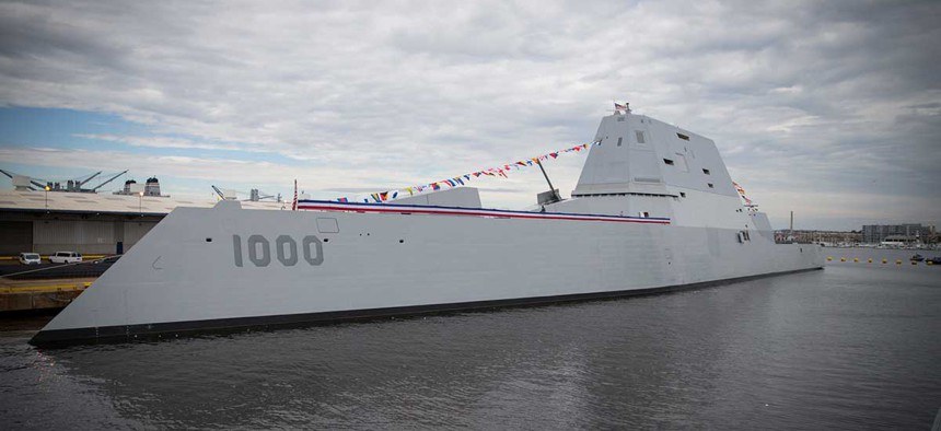 The future Zumwalt-class guided-missile destroyer USS Zumwalt (DDG 1000) is pierside at Canton Port Services in preparation for its upcoming commissioning on Oct. 15, 2016. 