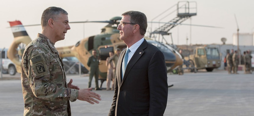 Secretary of Defense Ash Carter and U.S. Army Lt. Gen. Stephen Townsend, commander of Combined Joint Task Force-Operation Inherent Resolve, say farewell in Erbil, Iraq, Oct. 23, 2016.