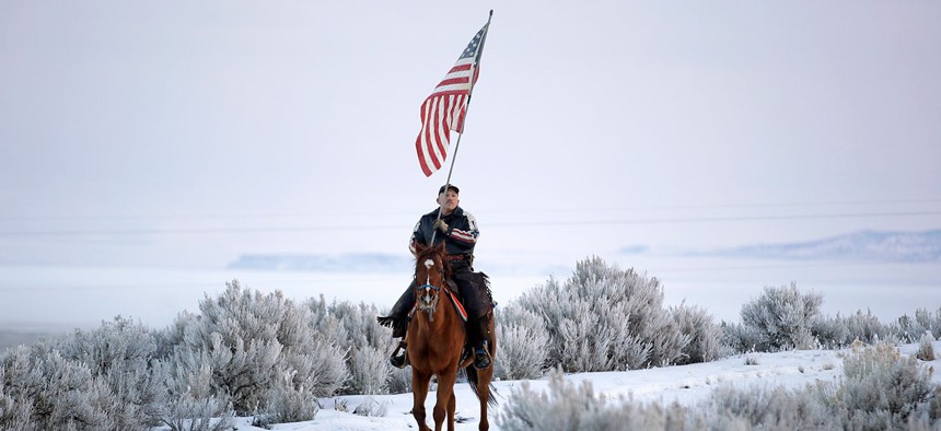 Cowboy Dwane Ehmer, of Irrigon Ore., a supporter of the group occupying the Malheur National Wildlife Refuge, rides his horse at Malheur National Wildlife Refuge in January.