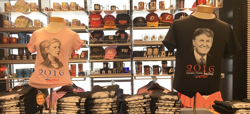 Clinton and Trump merchandise sits at a shop in Washington, D.C.'s Union Station.