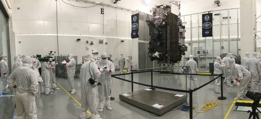 Media viewed the GOES-R weather satellite at Astrotech in Titusville, Florida,  in September. The launch has been delayed until Spring 2017.