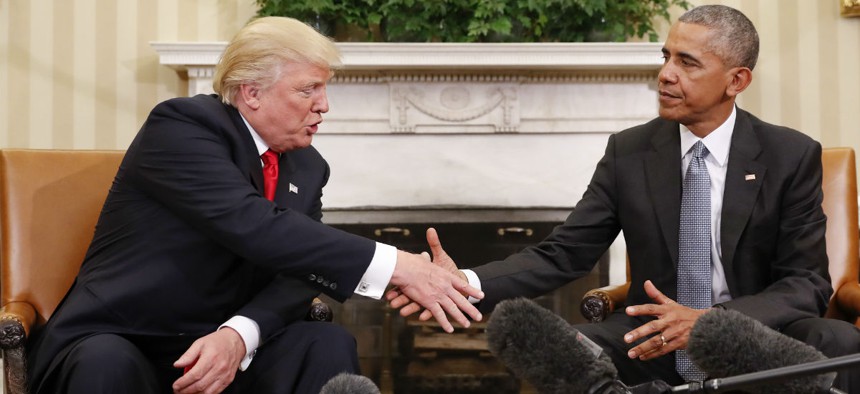 President-Elect Donald Trump and President Obama shake hands after meeting at the White House Thursday. 