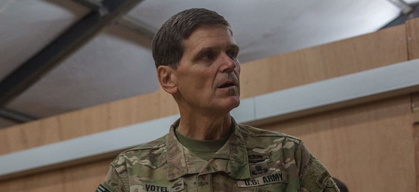U.S. Army Gen. Joseph Votel, Commander of the United States Central Command, thanks U.S. and coalition forces at Qayyarah West Airfield, Iraq, Oct. 25, 2016.