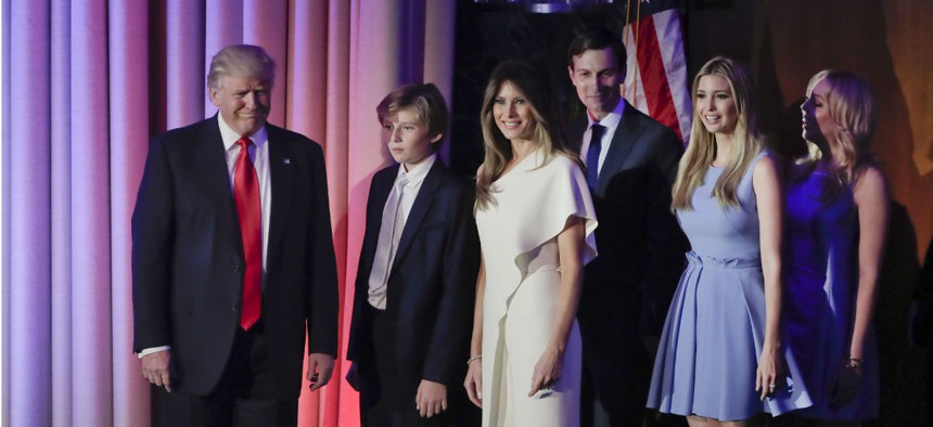 President-elect Donald Trump arrives with his family to give his acceptance speech at an election night rally Nov. 9.