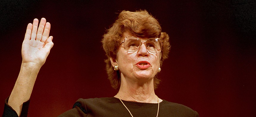 Attorney General-designate Janet Reno is sworn in before the Senate Judiciary Committee on Capitol Hill in 1993.