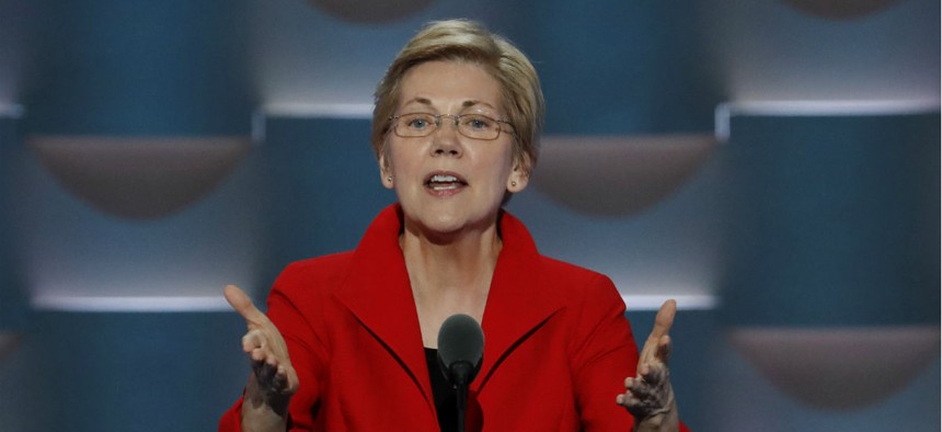 Sen. Elizabeth Warren, D-Mass., speaks during the first day of the Democratic National Convention in July. She is seeking a GAO investigation of the transition.