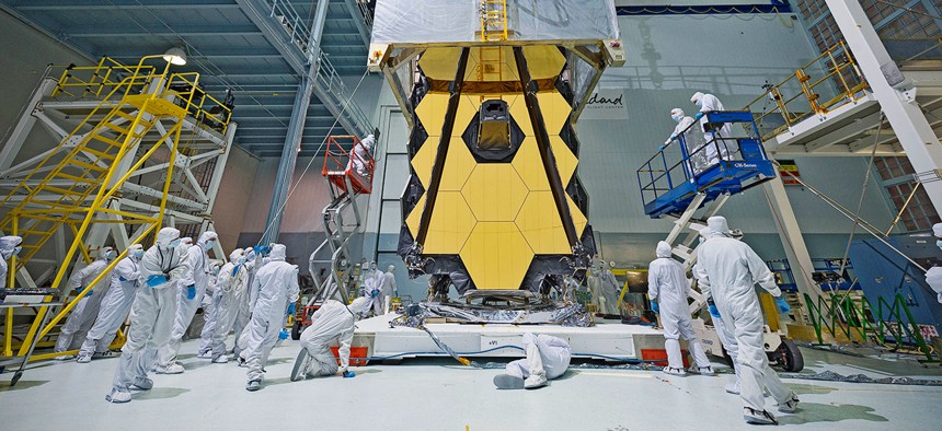 A clean tent protects Webb when engineers at NASA's Goddard Space Flight Center in Greenbelt, Maryland transport the next generation space telescope out of the relatively dust-free cleanroom and into the shirtsleeve environment of test areas.