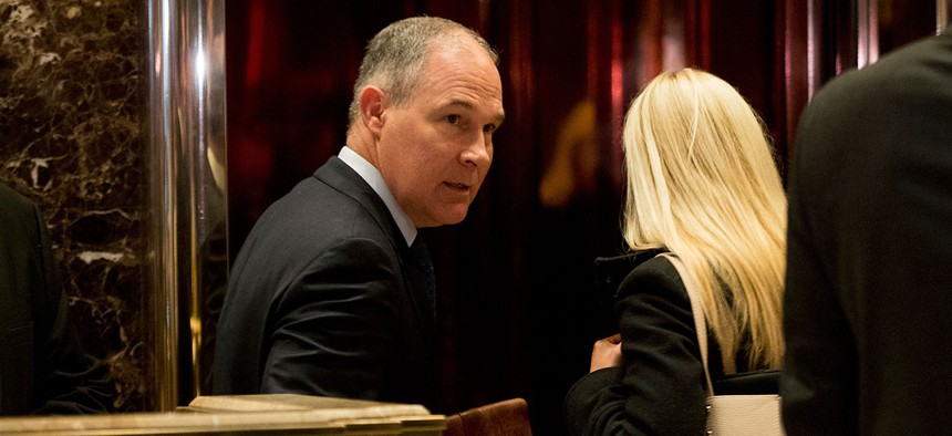 Oklahoma Attorney General Scott Pruitt arrives at Trump Tower for a meeting Wednesday.