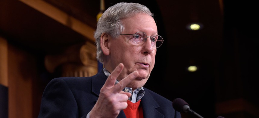 Senate Majority Leader Mitch McConnell of Ky., speaks during a news conference on Capitol Hill on Monday.