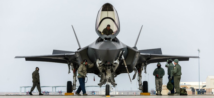 An F-35A team parks the aircraft for the first time at Mountain Home Air Force Base, Idaho, Feb. 8, 2016.