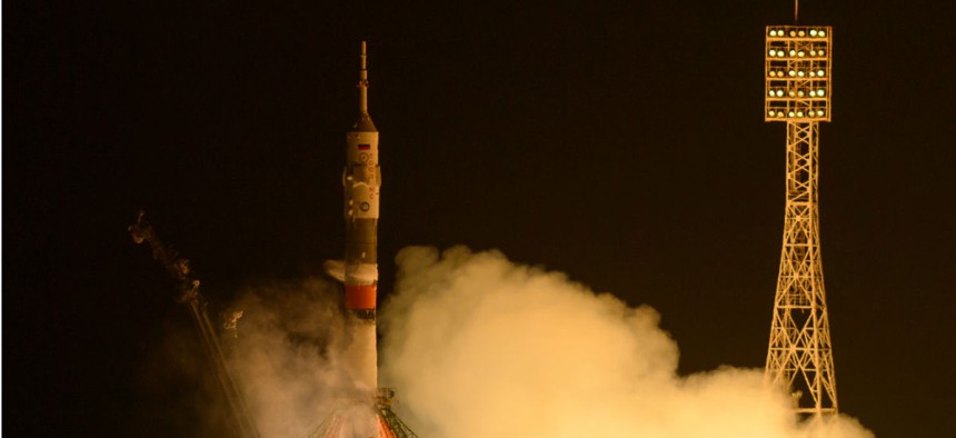 The Soyuz MS-03 spacecraft launches from the Baikonur Cosmodrome. NASA astronaut Peggy Whitson was among the crew members.