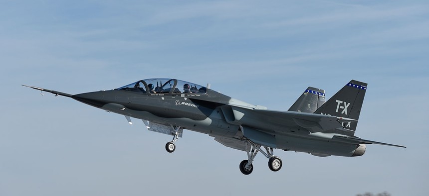 The Boeing and Saab pilot training jet flies for the first time on Dec. 20, 2016, in St. Louis.