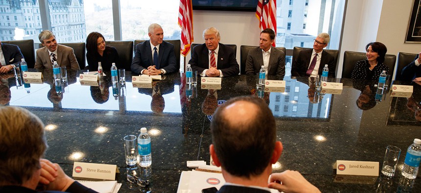 Donald Trump speaks during a meeting with technology industry leaders at Trump Tower in New York last week.
