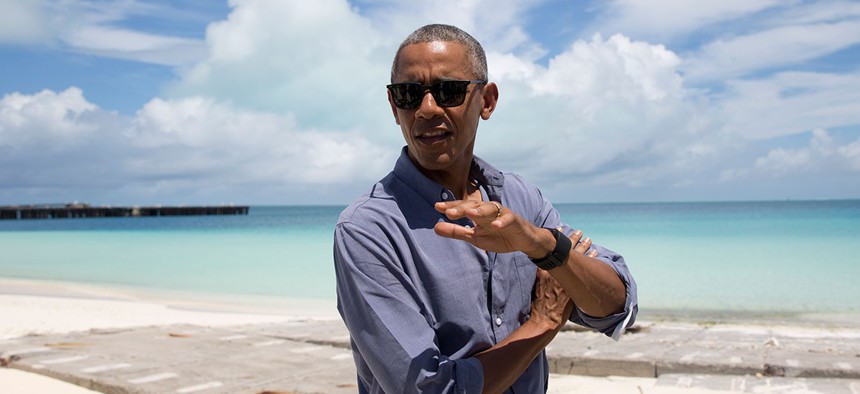 Barack Obama speaks at Turtle Beach during a tour of Midway Atoll in the Papahānaumokuākea Marine National Monument in September