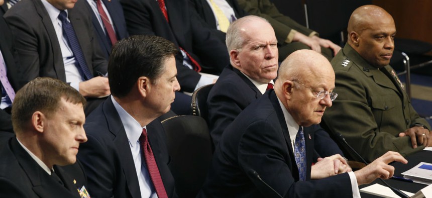 From left, NSA Director Adm. Michael Rogers, FBI Director James Comey, Director of the National Intelligence James Clapper, CIA Director John Brennan, and DIA Director Lt. Gen. Vincent Stewart testify at a Senate hearing on Feb. 9, 2016.