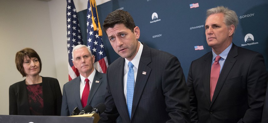 Mike Pence, second from left, joins House Speaker Paul Ryan of Wis., center, Rep. Cathy McMorris Rodgers, R-Wash., chair of the House Republican Conference, left, and House Majority Leader Kevin McCarthy of Calif., right, at a new conference Jan. 4.