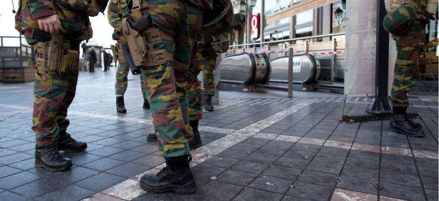 Belgium Army and police at Porte de Namur metro station in Brussels as part of security lock-down following terrorist threats on Nov. 23, 2015.