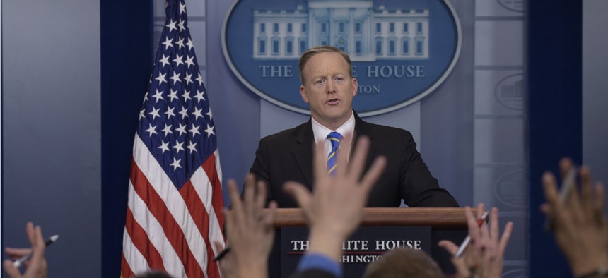 White House press secretary Sean Spicer speaks during the daily briefing at the White House on Tuesday.