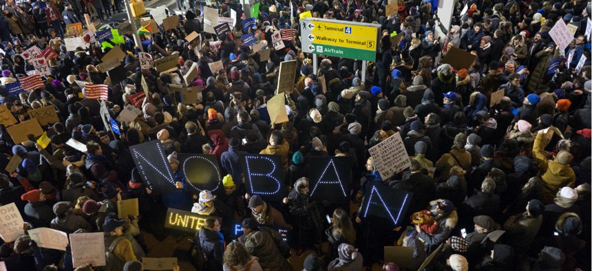 Protesters at John F. Kennedy International Airport in New York on Jan. 28 after refugees were detained while trying to enter the country.