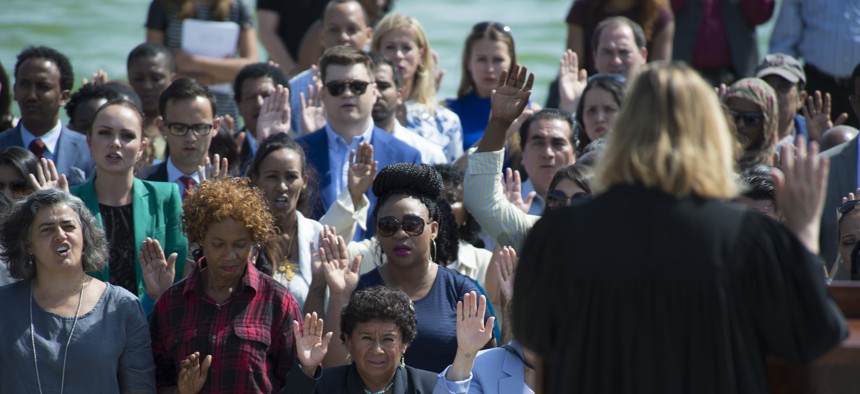  Beryl A. Howell, chief judge for United States District Court for the District of Columbia, swore in several dozen new U.S. citizens from the steps of the Lincoln Memorial on Sept. 16, 2016. 
