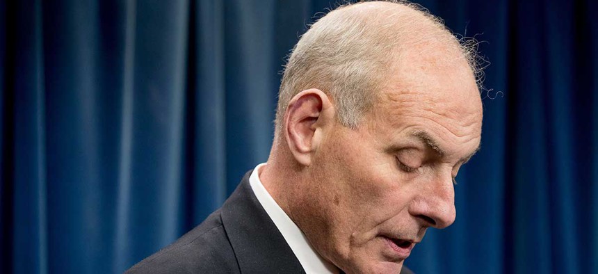 Homeland Security Secretary John Kelly pauses while speaking at a news conference at the U.S. Customs and Border Protection headquarters in Washington on Tuesday.