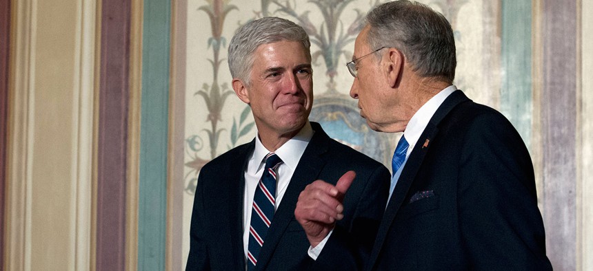 Supreme Court Justice nominee Neil Gorsuch, left, meets with Senate Judiciary Committee Sen. Chuck Grassley, R-Iowa, on Feb. 1.