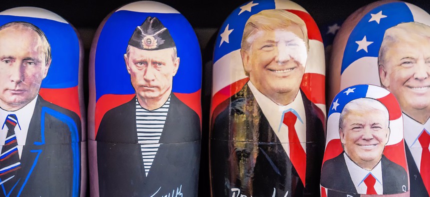 Matryoshka with a portrait of Putin and Trump are sold in Moscow in December.