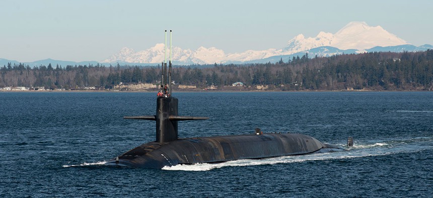 The Ohio-class ballistic-missile submarine USS Henry M. Jackson is shown in the Puget Sound on Feb. 13.