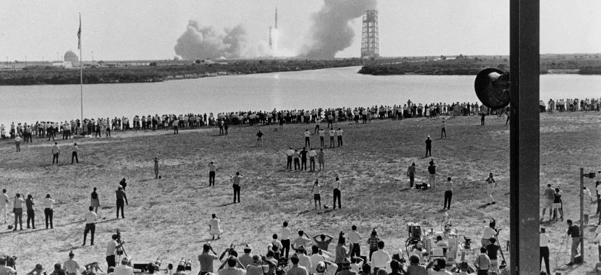 The Apollo 11 liftoff as seen from Launch Complex 39 press site, July 16, 1969
