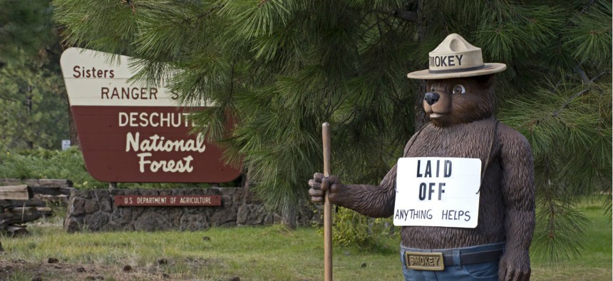 Smokey The Bear outside the U.S. Forest Service office in Sisters, Oregon, during the 2013 government shutdown. 