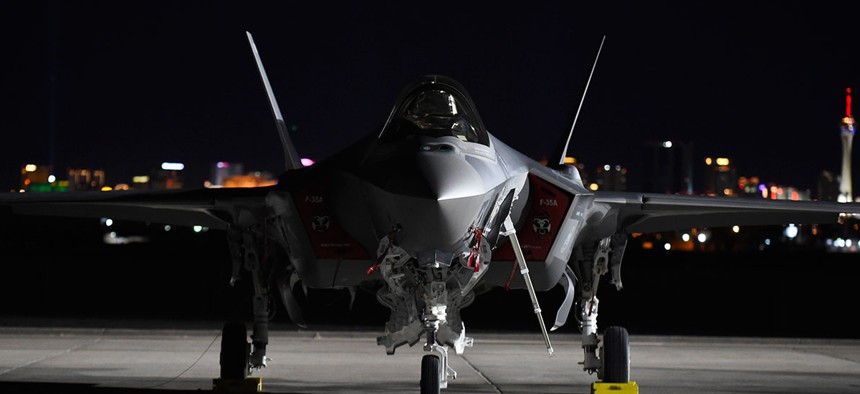 An F-35A Lightning II from the 388th Fighter Wing, Hill Air Force Base, Utah, sits on the flightline at Nellis AFB, Nev., during Red Flag 17-1, Jan. 24, 2017.