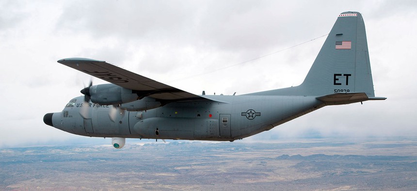 A specially modified 46th Test Wing NC-130H aircraft equipped with the Advanced Tactical Laser weapon system.