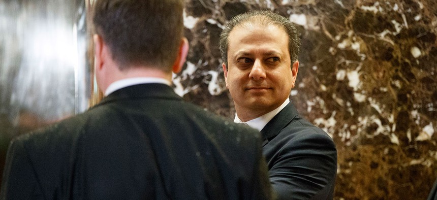 U.S. Attorney for the Southern District of New York, Preet Bharara, waits for the elevator in the lobby of Trump Tower in November.