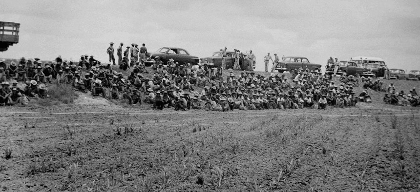 Border Patrol officers detaining immigrants in a field after a few local raids in 1954.