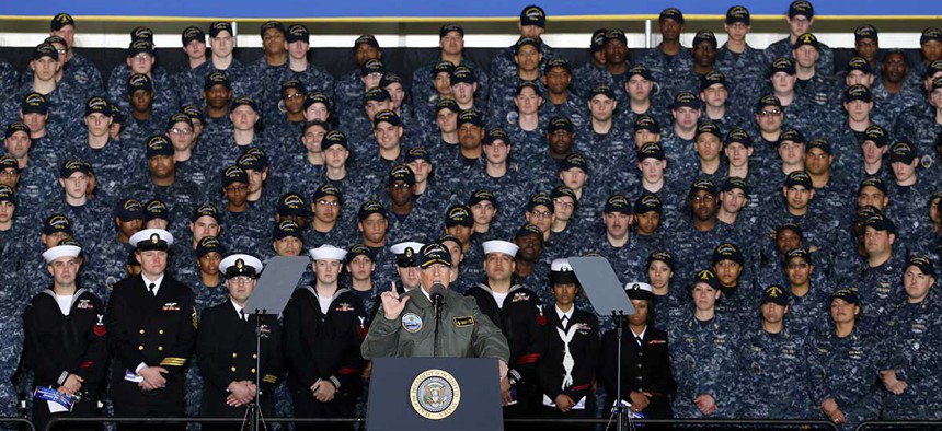 President Donald J. Trump speaks with Sailors in the hangar bay aboard Pre-Commissioning Unit Gerald R. Ford on March 2.