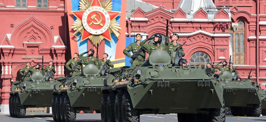 Russian vehicles participate in a 2014 parade in Red Square.
