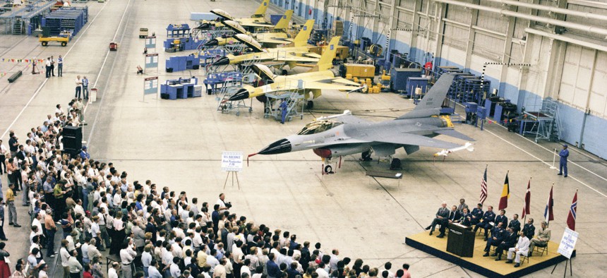 The delivery ceremony of the first production F-16 in August 1978.