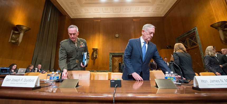 Defense Secretary James N. Mattis and Marine Corps Gen. Joseph F. Dunford Jr., chairman of the Joint Chiefs of Staff, speaks before the U.S. Senate Committee on a review of the budget and readiness of the Department of Defense hearing Wednesday.