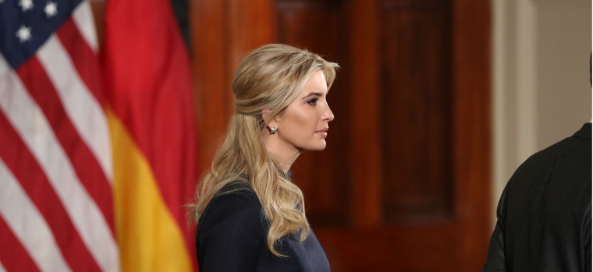 Ivanka Trump arrives before a joint news conference with President Donald Trump and German Chancellor Angela Merkel on March 17.