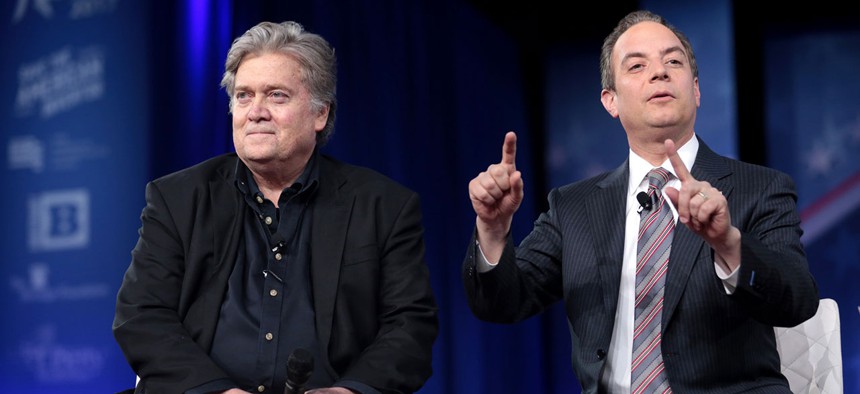 Steve Bannon and Reince Priebus speak at the 2017 Conservative Political Action Conference in February in Maryland.