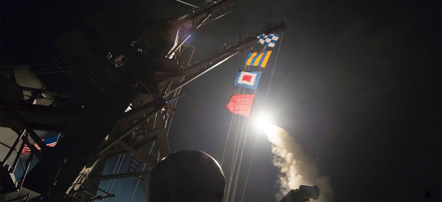 One of the first of the 59 Tomahawk cruise missiles the U.S. launched from the USS Ross and USS Porter in the Mediterranean at Shayrat Airfield in Syria.