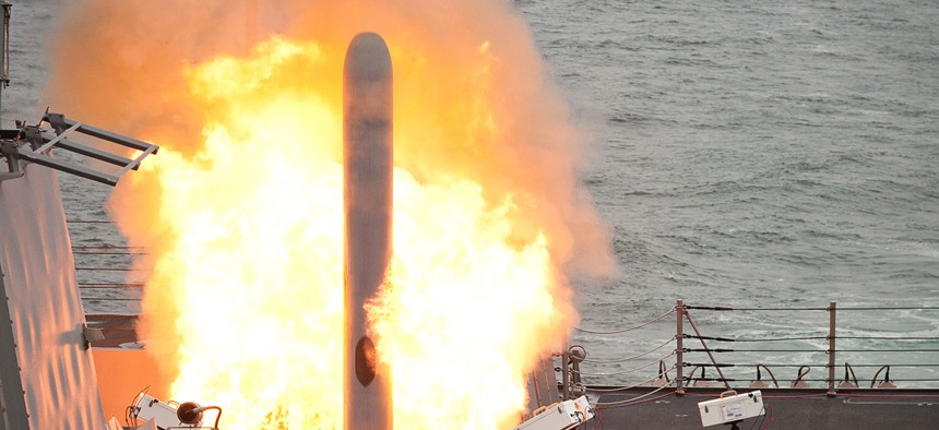 The guided-missile destroyer USS Sterett launches its first tomahawk land attack missile while testing its tactical tomahawk weapons system in 2014.