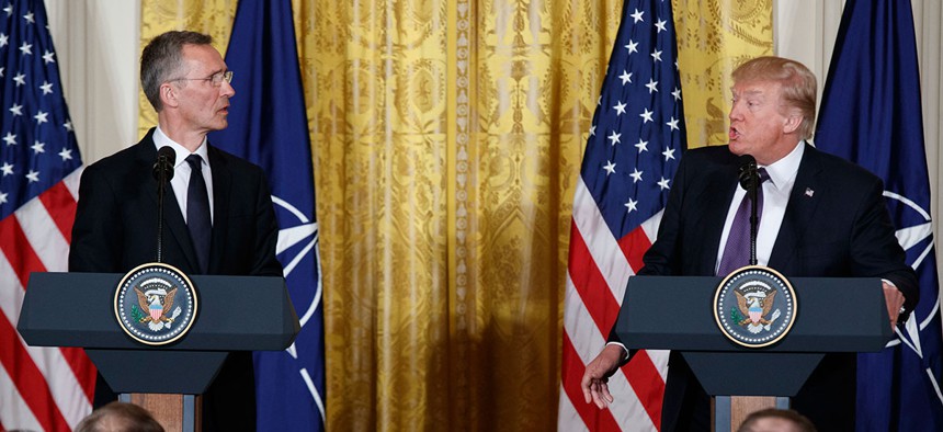 President Donald Trump and NATO Secretary General Jens Stoltenberg spoke at a joint news conference in the East Room of the White House Wednesday.