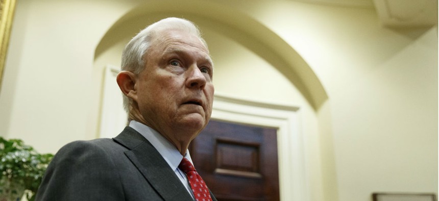 Attorney General Jeff Sessions waits for the start of a meeting between President Donald Trump and the Fraternal Order of Police on March 28.