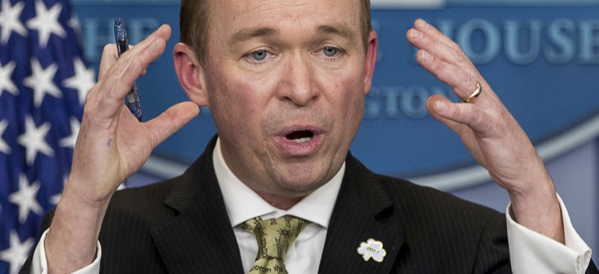 Budget Director Mick Mulvaney discusses President Donald Trump's spending plan at the White House on March 16.
